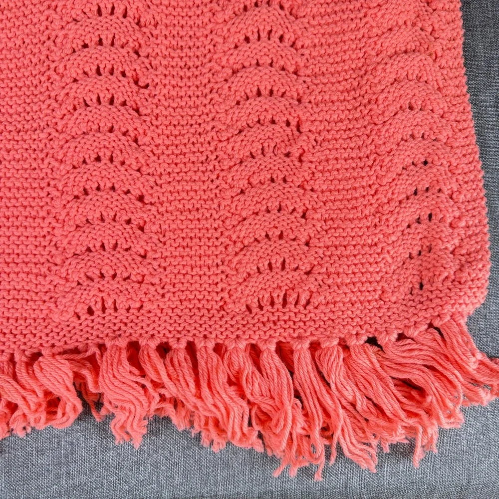 Handmade Crochet Throw Blanket Coral Pink Chevron Fringe 48